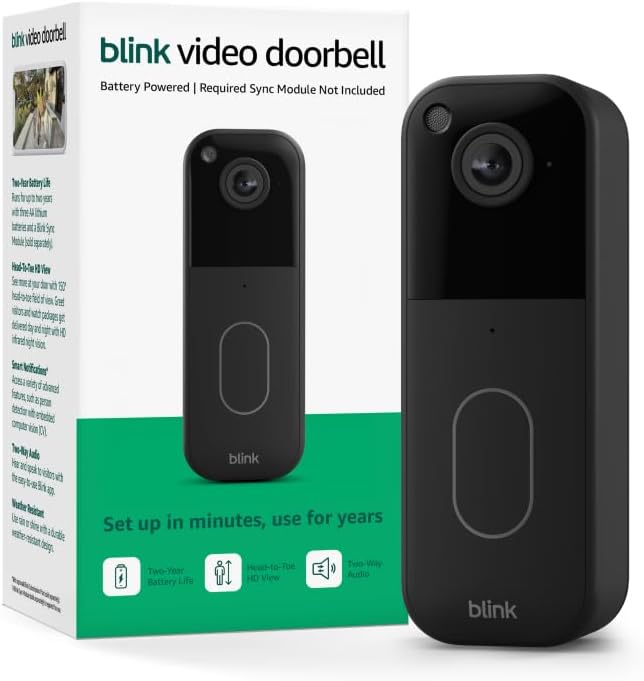 Blink Video Doorbell (newest model) – Head-to-toe HD view, two-year battery life, and simple setup. Required Sync Module not included – Add-On (Black)