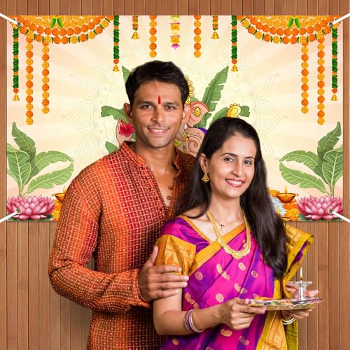 Image of Pooja Ganpati Decoration Banner Indian Puja Cloth Items Backdrop | Traditional Chatiya Ganesh Mehndi Photography Background Wedding Festival Party Marigold Garlands Photo Booth 70.8x43.3inch