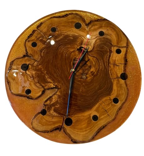 Generico Orologio da Parete Artigianale in Legno d'Ulivo e Resina, Design Rustico, 32 cm, Fatto a Mano