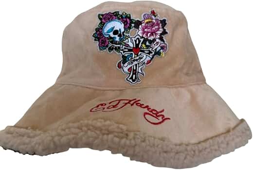 ED HARDY Fleece Bucket Hat Skull & Roses Embroidered Tan at Amazon
