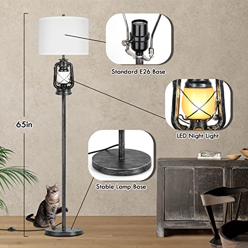 Brighthome Farmhouse Lantern Floor Lamp With Led Night Light - Rustic Tall Standing Lamp For Living Room Bedroom Office - Traditional Pole Lamp Black & Silver Finish - Floor Reading Light Home Decor #TOP2