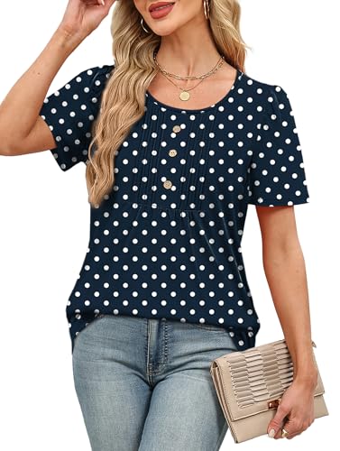 Image of Womens Tops Dressy Casual Blouses Short Sleeve Shirts Plus Size Fashion Clothing Spring Summer Outfits Button Pleated Front