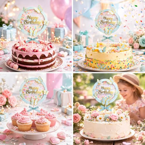 Image of Rozi Decoration Happy Birthday Cake Topper with Butterfly Theme | Cake Decoration with Stick | Pastel Green Theme Birthday Cake Accessory for Kids Party Pack of 1 Pcs