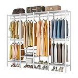 KZOBYD Clothes Rails Heavy Duty Clothing Rail, Freestanding Wardrobe Closet Rack with 4 Hanging Rods Adjustable Storage Shelves Clothing Garment Rack Coat Rails Rack with Wire Storage Shelves (White)