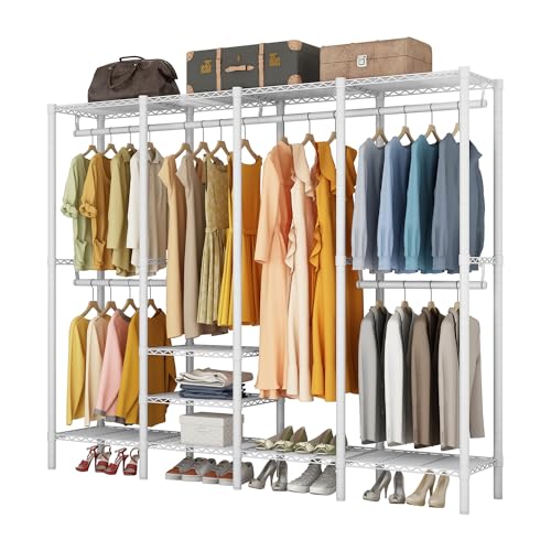 Solerconm Portant à Vêtements avec Étagères à Chaussures et 4 Barre Amovibles, 6 Étagères Hauteur Réglable, Porte-manteau en Métal 193 L x 40 W x 192 H CM, Charge à 408,23 KG,Blanc