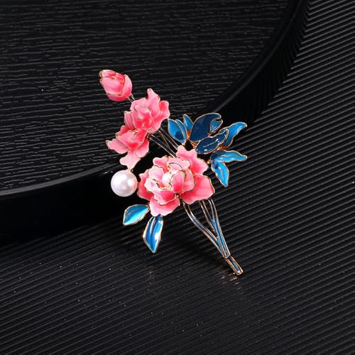 Image of Dainty Flower Brooch Pin for Women Graceful Peony Pearl Enamel Badge Lapel Pin Brightly Colored Corsage Pin Chic Banquet Party Jewelry Dress Accessories Gift