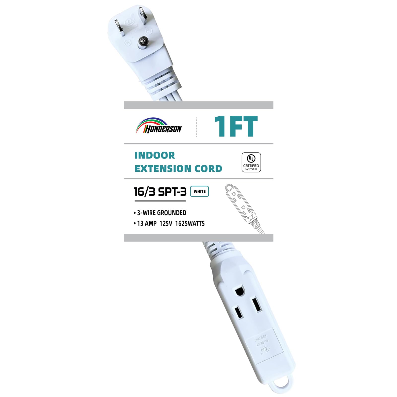 HONDERSON 3-Outlets Flat Plug Extension Cord Outlet Extender, UL Listed, Indoor Extension Cord 16 Gauge 1FT White 3 Prong, 16/3 SPT-3 13A Power Strip
