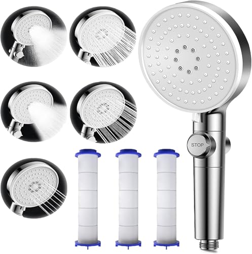 Pommeau de Douche Multifonction à Haute Pression - 5 Modes de Jet Réglables, Bouton Arrêt, 3 Filtres - Économie d'Eau, Idéal Pour Se Laver Les Cheveux