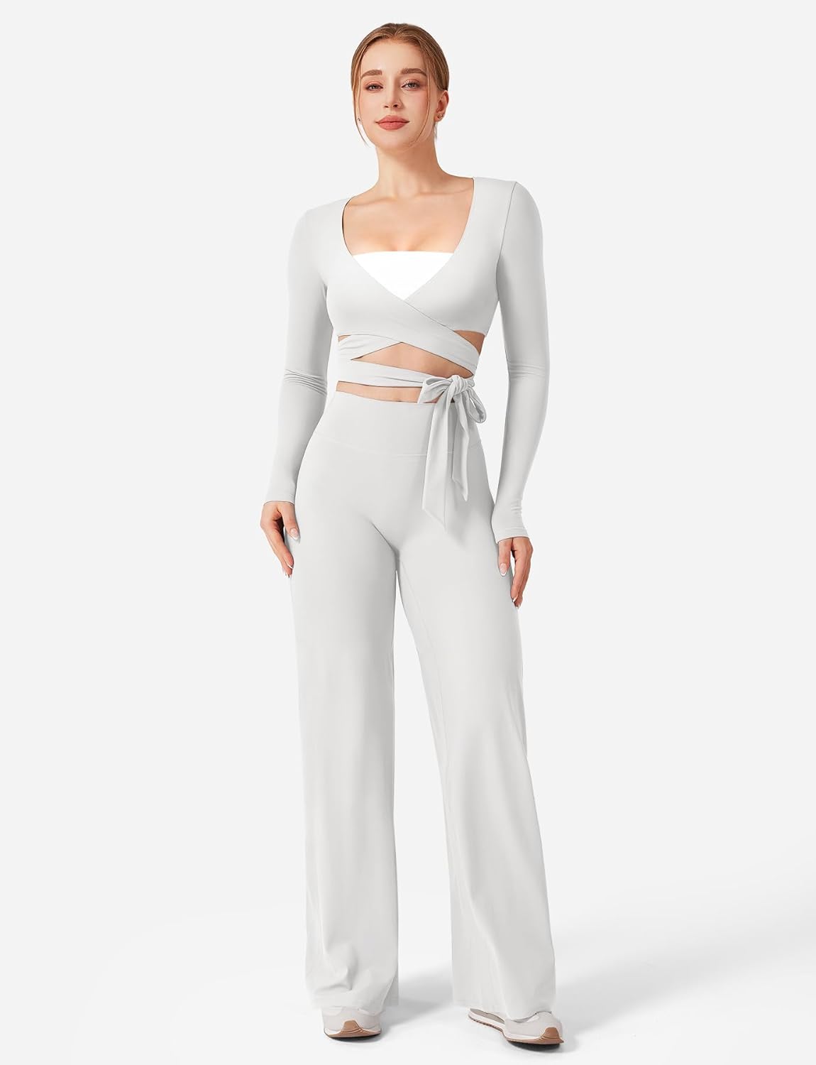 YEOREO Wrap Long Sleeve Cropped Top for Women Workout Pilates Ballet Tie Shirt for Dance Yoga Active Blouses - Image 5