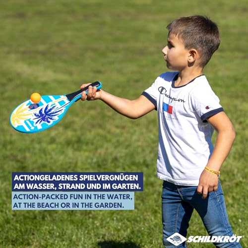 Schildkröt® Beach Paddle Ball Set Ocean, 2 Schläger aus lackiertem Holz, 2 Bälle, in wiederverschließbarer Netztasche, der Klassiker unter den Strandspielen, 970157, Keine Größe