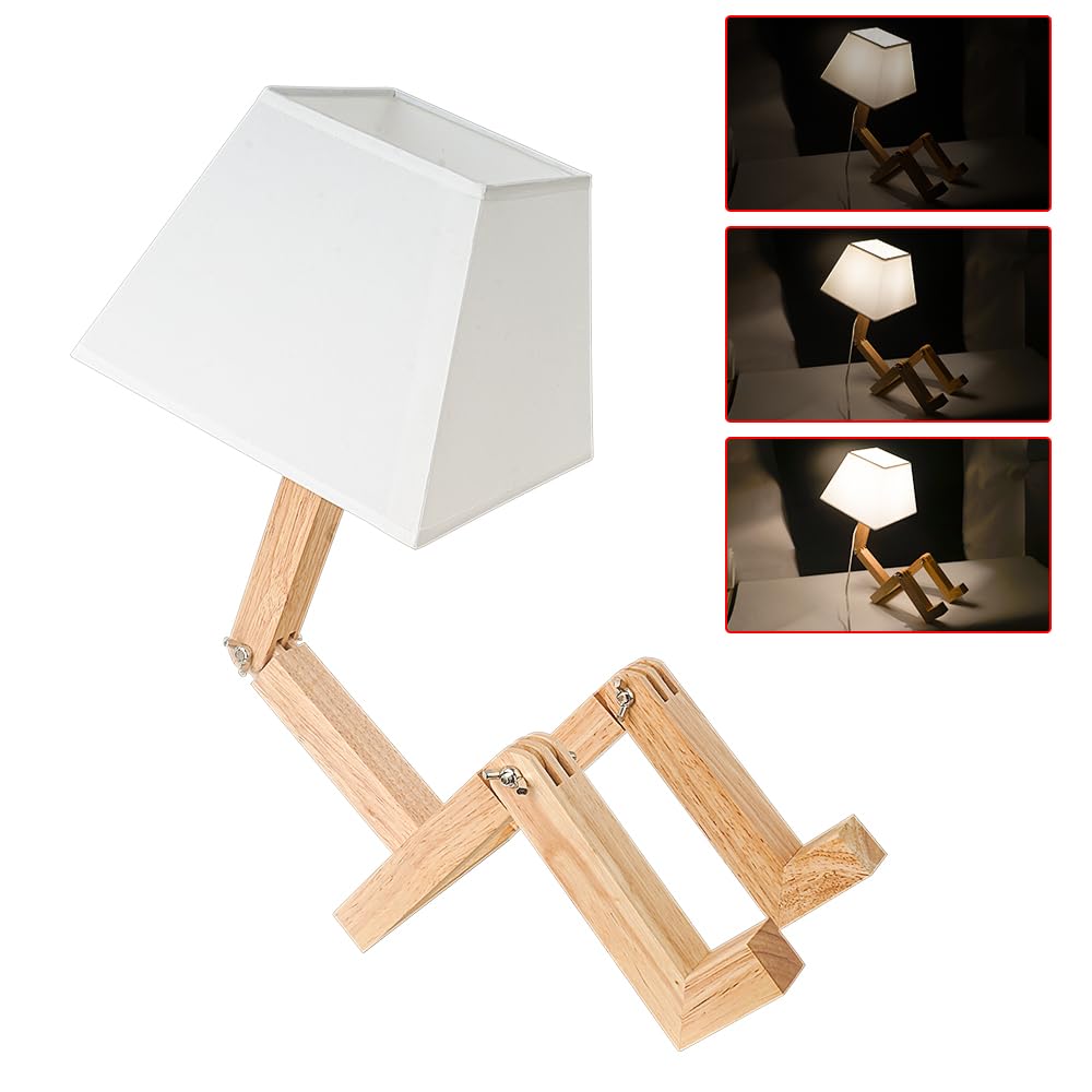 Cute Robot lampa biurkowa, lampki nocne, przyciemniane, kwadratowe abażur, światło nocne, z litego drewna Funky Lampa dla dzieci, do sypialni, gabinetu, do salonu