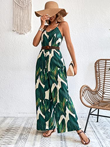 Verdusa Women's Tropical Print V Neck Spaghetti Strap Wide Leg Cami Jumpsuit Romper Green M #TOP2