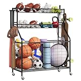 GarveeLife Sports Equipment Organizer, Large Capacity Garage Sports Toy Organizer with Hooks and Baskets, Rolling Ball Cart with Wheels for Toy and Gear Organizer, Black