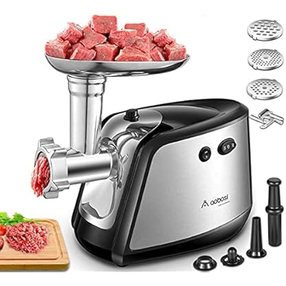 【Upgraded】Aobosi Elektrischer Fleischwolf 3-IN-1 Multi Fleischwolf mit 3 Edelstahl-Schleifplatten, Kubbe…