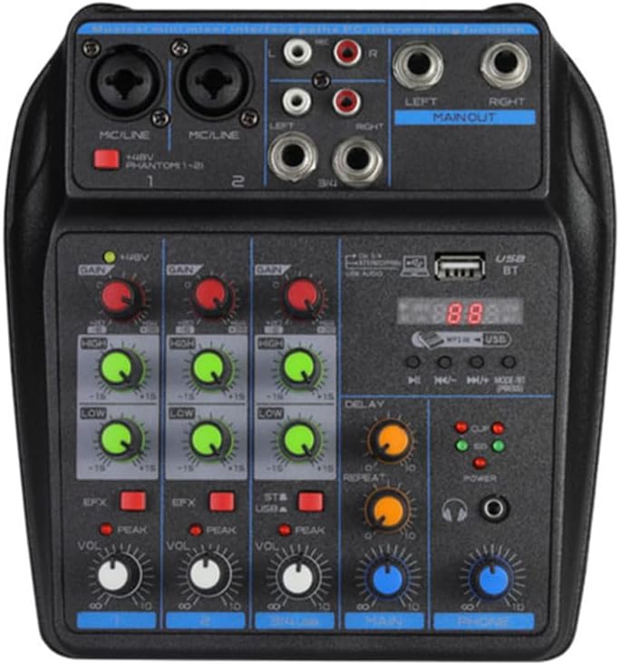 DJ Audio Mixer, DJ Mixers 4 Channel Sound Board with Bluetooth, Sound Mixer Board XRL/1/4" Interface, USB/MP3 Computer Input 48V Phantom Power Stereo DJ Studio Streaming KTV Stage