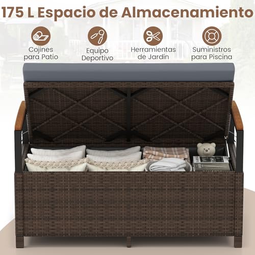 COSTWAY Banco de Almacenamiento Exterior Ratán, 175 L Baúl para Terraza con Cojín, Respaldo y Reposabrazos de Madera de Acacia, Sofá de Mimbre PE con Almacenamiento Oculto y Bolsa Impermeable (Gris) - imagen 7