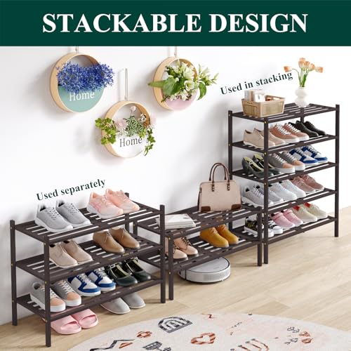 Image of Smiry Bamboo Shoe Rack, 5 Horizontal Slats, 3 Tier - 26.8 inch Wide, Brown