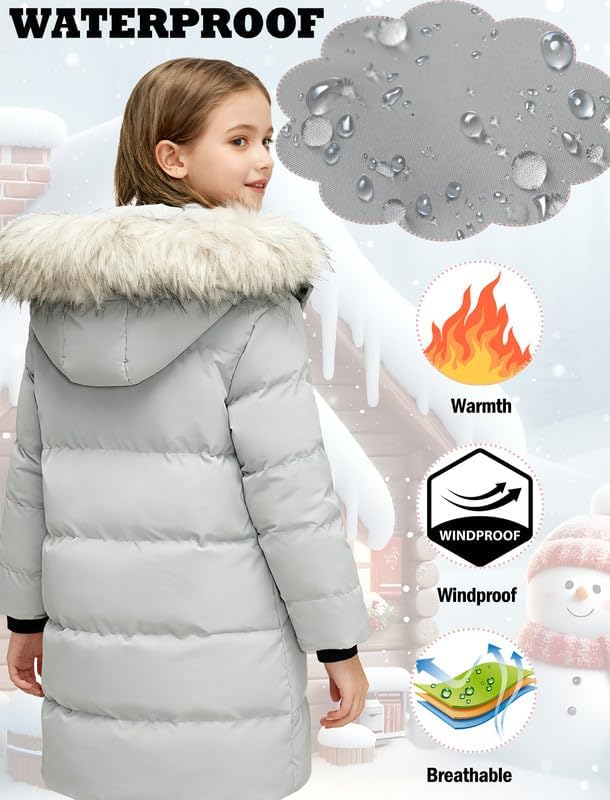 KVE Girl's Winter Thicken Puffer Long Coat Warm Jacket with Fur Removable Hood - Image 6
