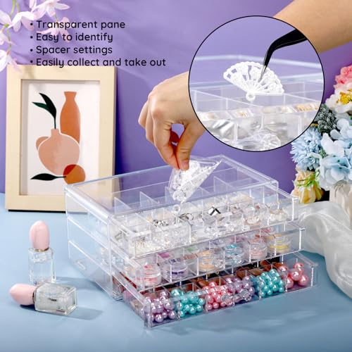 Image of Segbeauty 72 Grids Acrylic Jewelry Organizer, 3 Tier Earring Storage Box, Jewelry Display Stand with Small Compartments, Clear Stackable Storage Drawers for Nail & Bead Organization