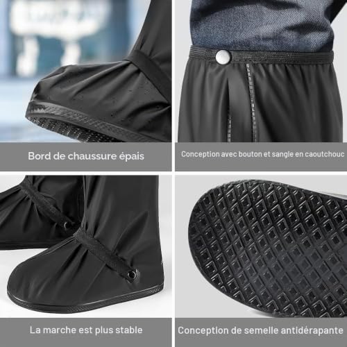 Casenly Couvre Chaussure Impermeable, Antidérapant Surchaussures Impermeables avec Fermeture Éclair Surchaussures Étanches Pluie Neige Boue avec Réfléchissantes Pour Pluie Plein Air Cyclisme, Noir XL – vue 3
