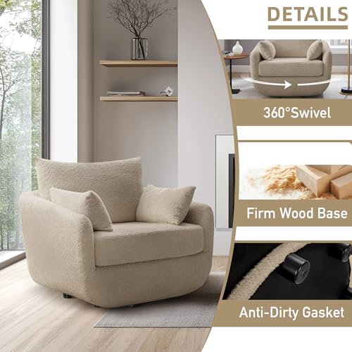 360° Swivel Accent Armchair, 39.3" Oversized, Camel | Sherpa Boucle Fabric Sofa Chair with Removable Back & Arm Pillows, Swivel Chair with Cozy Soft Padded - Image 5