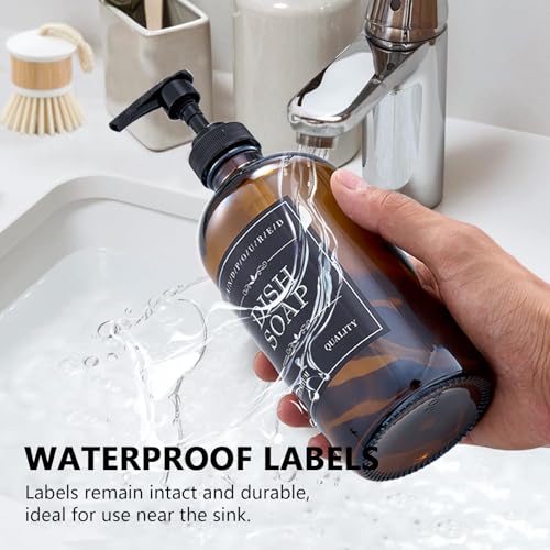 Soap Dispenser Set – 16oz Refillable Amber Glass Bottles with Brush Holder, Dish Scrub, Diatomite Tray, 12 Waterproof Labels – Brown Non-Slip Base for Home Upgrade, Rustic Farmhouse Style (Set of 6) — view 3