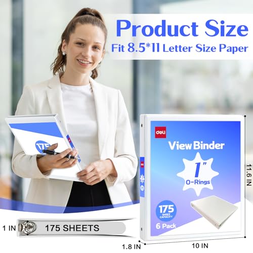 Deli 3 Ring Binder 1 Inch 6 Pack, Clear View Binder Three Ring PVC-Free (Fit 8.5x11 Inches) for School Binder or Office Binder Supplies, Assorted Pastel Binder, White