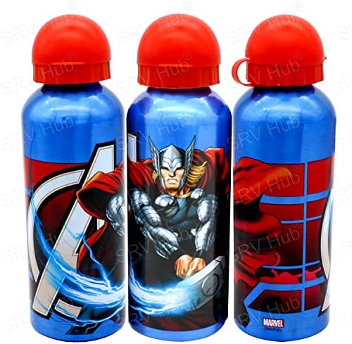 Kids Licencing 500ml Marvel Avengers Thor Aluminium Canteen Sports Drinking Water Bottle for Unisex Kids, Leak Proof Portable Blue with Cap, Back To School Summer Accessories Boys Girls 3+ Years