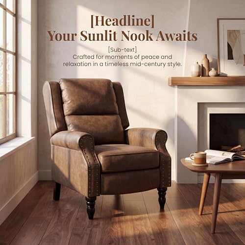 Image of Leather Recliner Chair with Adjustable Backrest & Footrest, Brown | Adjustable Backrest & Footrest, Medieval Style Overstuffed Arms, Quality Faux Leather