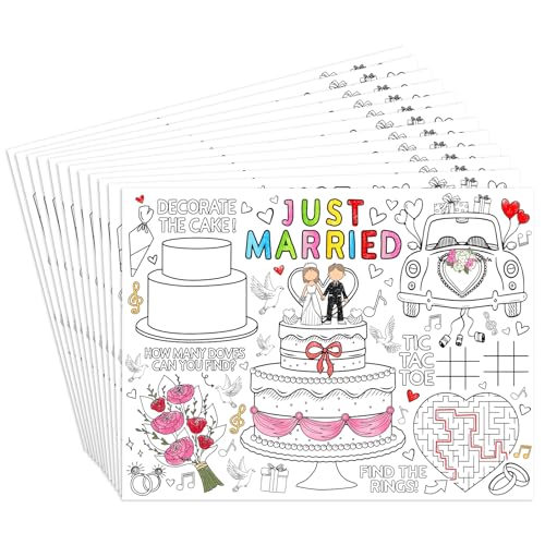 Whaline 30Pcs Wedding Coloring Paper Place Mats Cake Bouquet Disposable Coloring Placemats Wedding Activity for Party Table Setting Decor Entertainment, 14.6 x 11 in