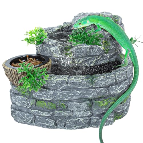 REPTI ZOO Reptile Water Fountain with Food Dish 550ML Terrarium Waterfall Drinking Fountain for Bearded Dragon Gecko Chameleon Lizard Tree Frog Turtle Reptile Water Dispenser Keep Water Clear