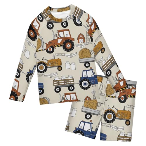 Aflyko Kids' Bathing Suit Set Farm Tractor Long Sleeve Swim Tops with Shorts Summer Vacation Pool Party Rashguard Fun Cute Toddler Infant Beachwear, 4T Multicoloured