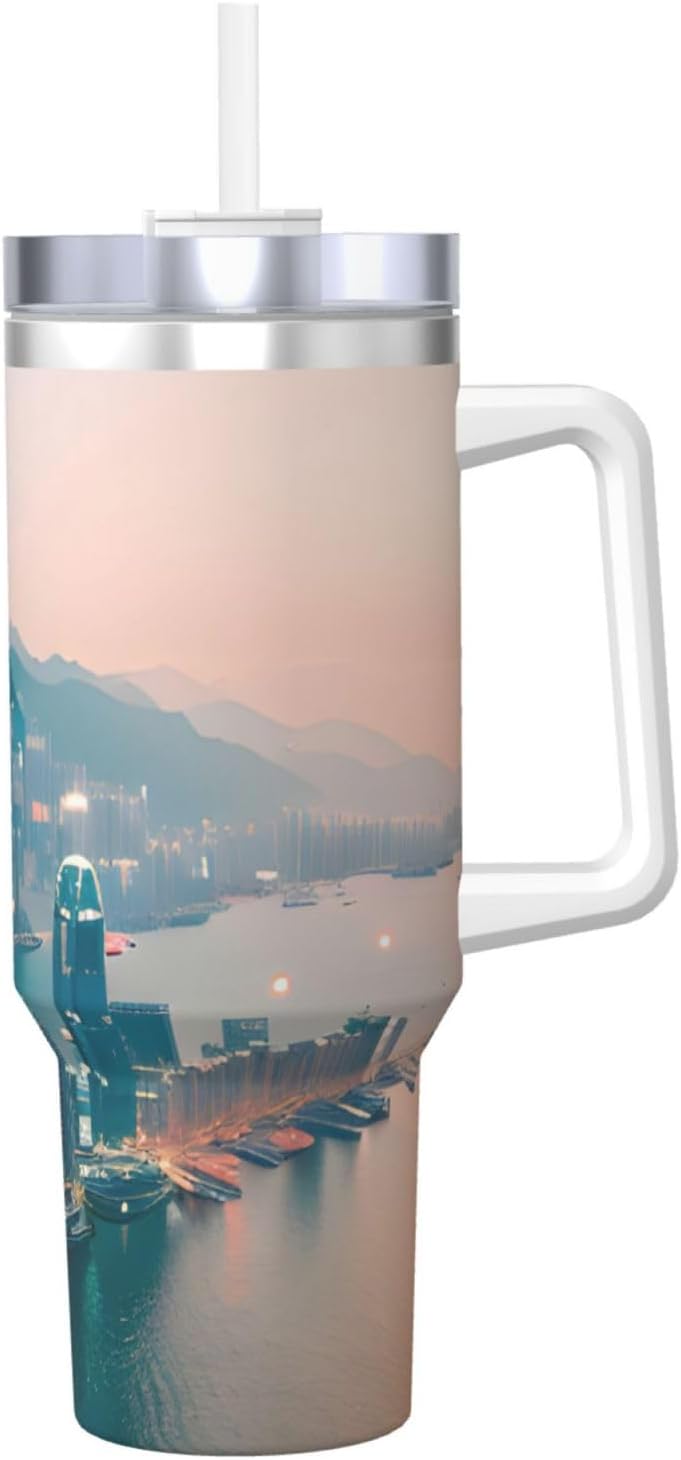 40 OZ Hong Kong Print Ice Bully Cup with Handle Straw Lid Straw,Stainless Steel Tumbler Coffee Cup