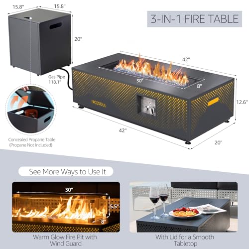 NICESOUL 42\'\' Outdoor Propane/Natural Gas Fire Pit Table, Rectangle Patio Firepits with Hidden Tank Table, 50000 BTU Modern Fireplace with LED Star Light for Outside Backyard, CSA Certified, Gray - Thumbnail 2