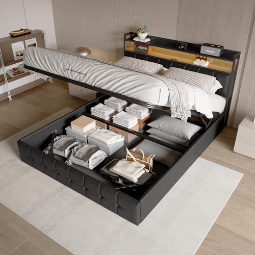 PerGar Bett 140x200 mit LED und USB, Polsterbett mit Hydraulisch stauraum, Kopfteil mit Stauraum, Doppelbett, Stauraumbett, Bettgestell, Lattenrost, schwarz, PU-Leder, Ohne Matratze