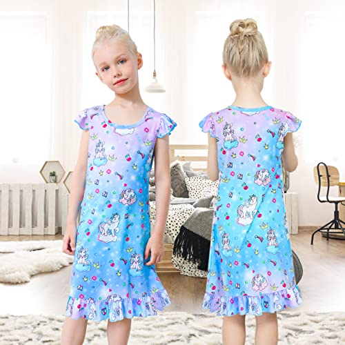 Sylfairy 2Pcs Girls Nightgowns, Unicorn Nightgown Princess Pajama Dresses For Girls Sleepwear Nightie (Blue+Rainbow, 4-5T) #TOP2