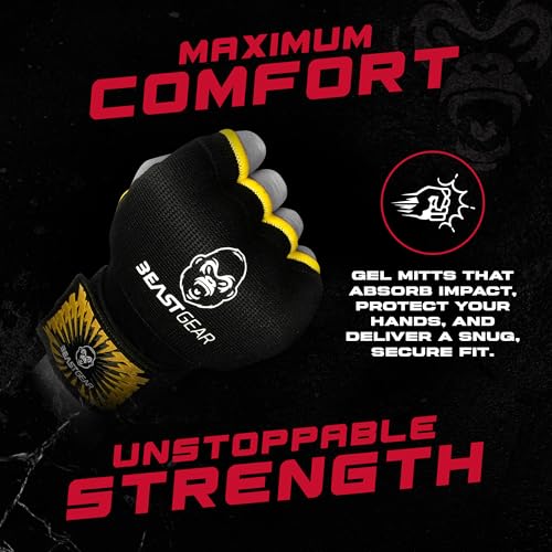 Beast Gear Hand Wraps Boxing Inner Gloves with Gel Padded, Quick 100cm Wrist Straps for Men & Women - MMA, Muay Thai, Kickboxing & Martial Arts Training (L)