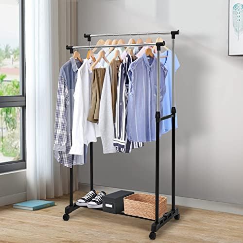 Trintion Clothes Rail 83x42x90-160cm Double Clothes Rack with Wheels Adjustable Dress Coat Garment Hanging Clothes Rail Rack Storage Stand
