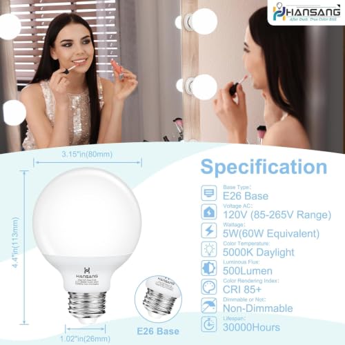 Image of Vanity Light Bulb 5000K Daylight 8 Pack G25 LED Globe Light Bulb for Bathroom Vanity Mirror Decorative,E26 Medium Base, 5W 60W Incandescent Equivalent,500LM,Non-dimmable