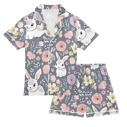ALAZA Cute Rabbit Bunny Flower Easter Pajamas Satin Pajama Set Short Sleeve Button Down Sleepwear