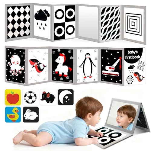 High Contrast Baby Flashcards with Black and White Tummy time Mirror Books, Newborn Brain Development Toys for 0-6 Months Baby as Infants Gift