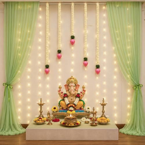 Image of SpecialYou Ganpati Decoration Setup for Home Decor Items with Green Curtains Ganpati Backdrop Decoration & Lotus Bud Hanging Wall Decor Items for Living Room, Mandir Decorations Items for Home- 11Pcs