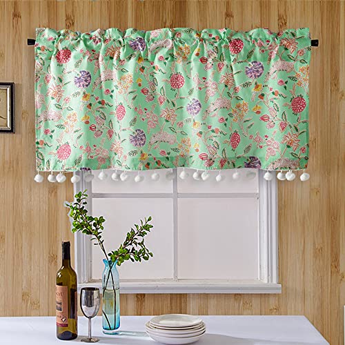 Image of Ravaiyaa - Attitude is everything Hand Printed Half Window Kitchen Curtain 100% Cotton Short Drapery Valance 40 X 18 Inch (Green Floralsemi Sheer, Rod Pocket)