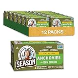 Season Anchovies in Olive Oil - Flat Anchovy Fillets, Wild Caught Fish, Keto Snacks, Canned Anchovies, Rich in B Vitamins, Low in Mercury, Kosher, Non-GMO, 600mg of Omega-3-2 Ounce, 12-Pack