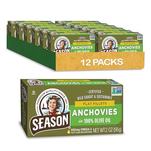 Season Anchovies in Olive Oil - Flat Anchovy Fillets, Wild Caught Fish, Keto Snacks, Canned Anchovies, Rich in B Vitamins, Low in Mercury, Kosher, Non-GMO, 600mg of Omega-3-2 Ounce, 12-Pack