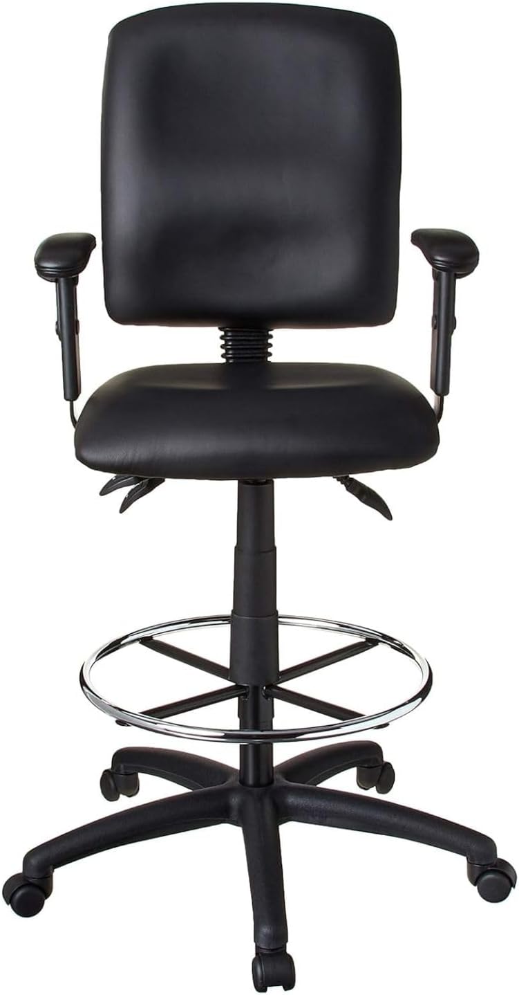 Executive High Back LeatherPlus Drafting Stool Ergonomic Multi Function Swivel Seat Adjustable Armrest Footring Pneumatic Lift Tall Standing Desk Chair Architect Studio Counter Bar Height