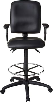 Executive High Back LeatherPlus Drafting Stool Ergonomic Multi Function Swivel Seat Adjustable Armrest Footring Pneumatic Lift Tall Standing Desk Chair Architect Studio Counter Bar Height