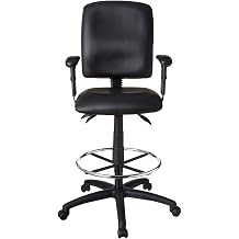 Executive High Back LeatherPlus Drafting Stool Ergonomic Multi Function Swivel Seat Adjustable Armrest Footring Pneumatic Lift Tall Standing Desk Chair Architect Studio Counter Bar Height