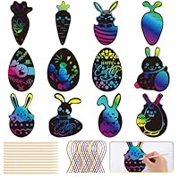 ARDFFA 48 Stück Ostern Kratzbilder-Set für Kinder – Magische Regenbogen-Scratch-Papiere mit Hasen, Küken, Karotten & Ostereiern, DIY Osterbasteln inkl, 12 Holzstiften und 48 Bändern als Party-Deko