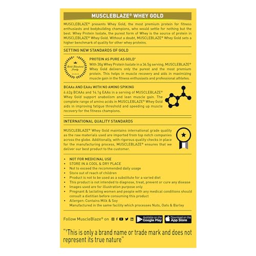 Image of MuscleBlaze Whey Gold, 100% Whey Protein Isolate, Labdoor USA Certified, 30g Whey Protein Per Scoop (Rich Milk Chocolate, 1kg / 2.2lb)